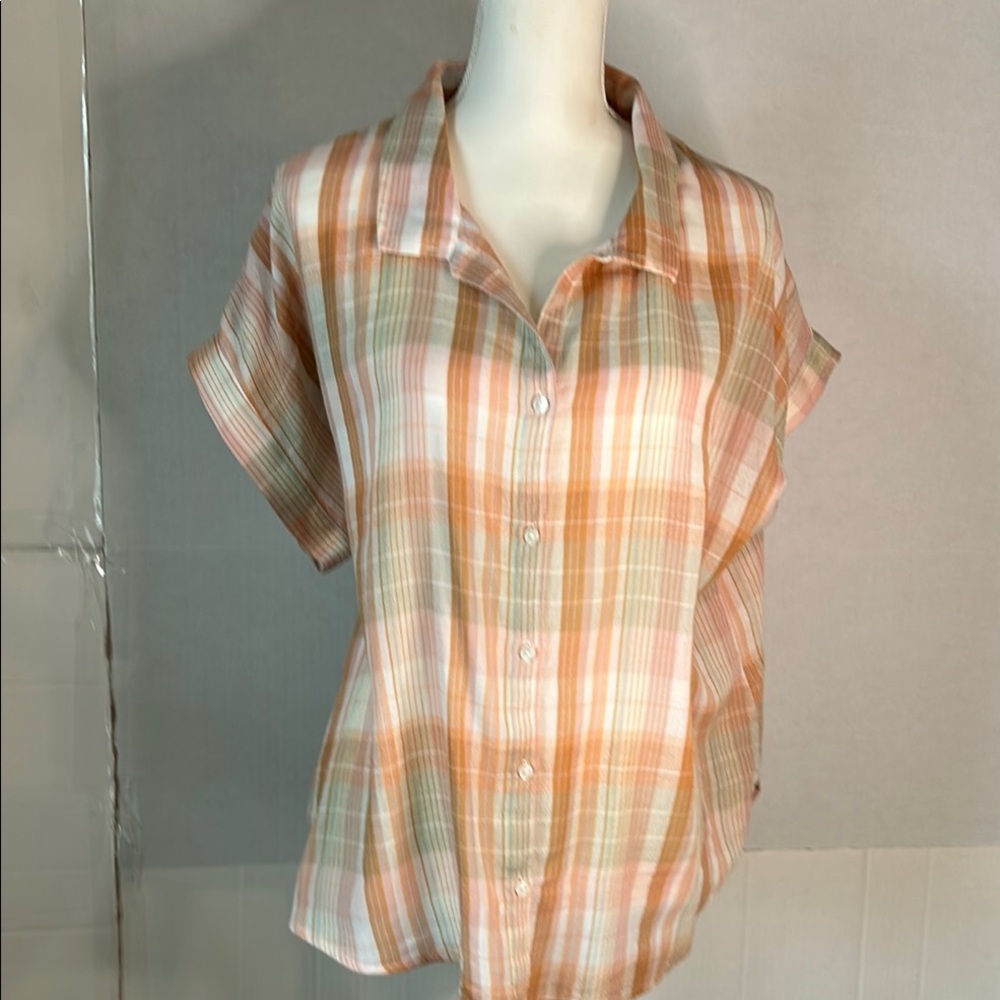Lucky Brand Button Up Dolman Sleeve Cream/Tan Plaid Casual Top. Size L